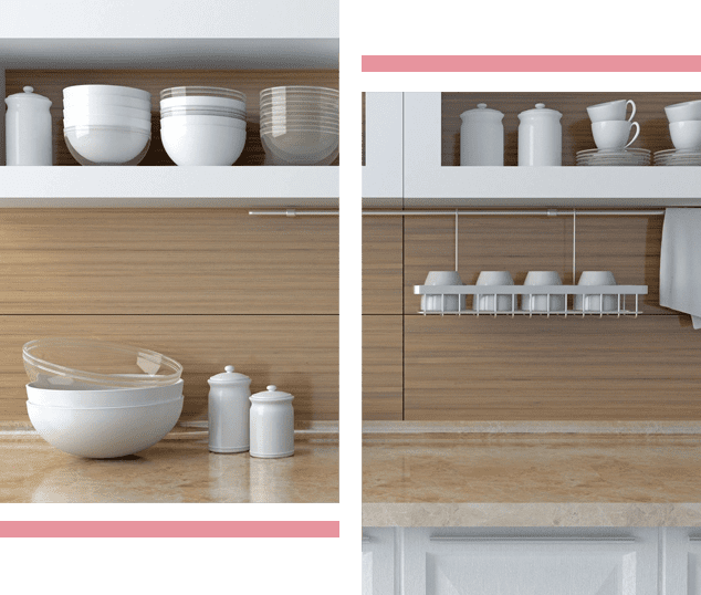 A kitchen with two different shelves and bowls.