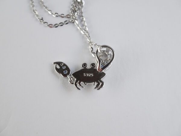 A silver necklace with a crab and a number eight.