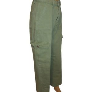 A pair of green pants are shown on display.