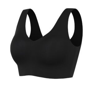 A black sports bra is shown with no straps.