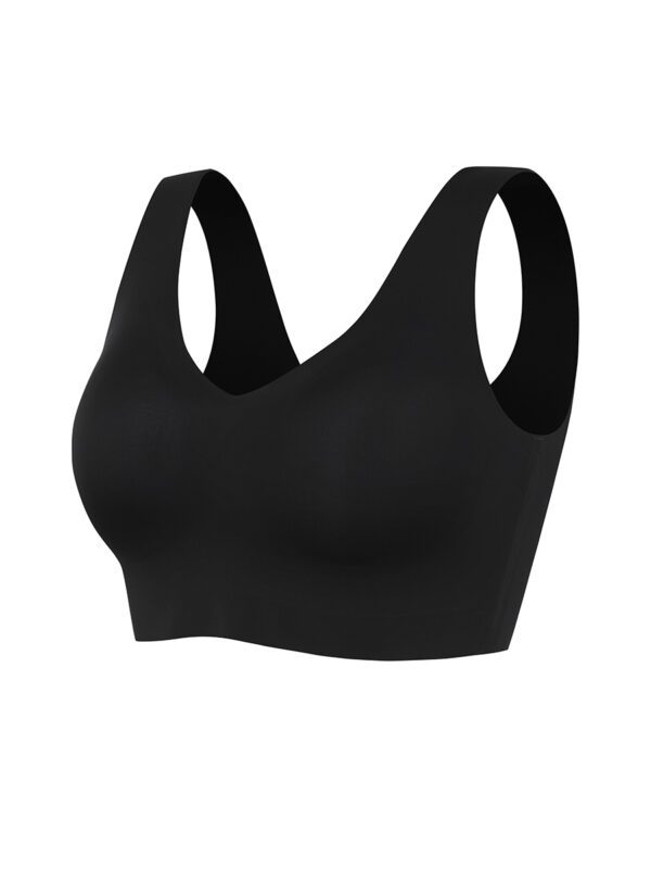 A black sports bra is shown with no straps.