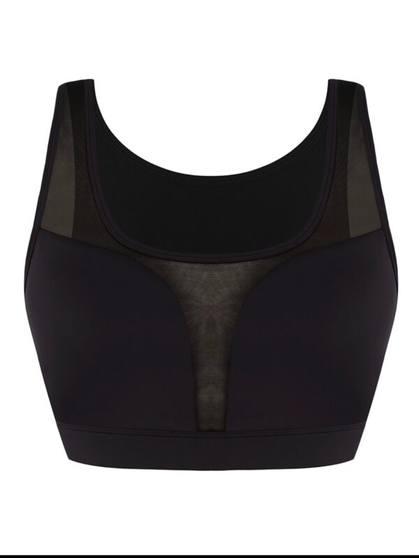 A black sports bra with mesh panels on the front.