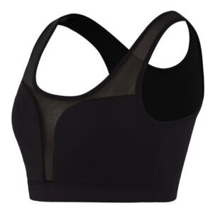 A black sports bra with mesh panels on the back.
