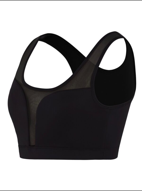 A black sports bra with mesh panels on the back.