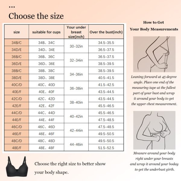 A chart showing the size of a bra and its measurements.