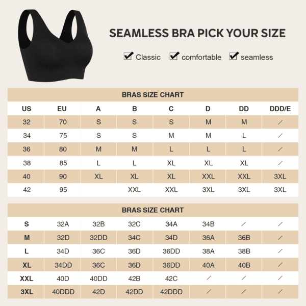 A chart showing the bra size for different bras.