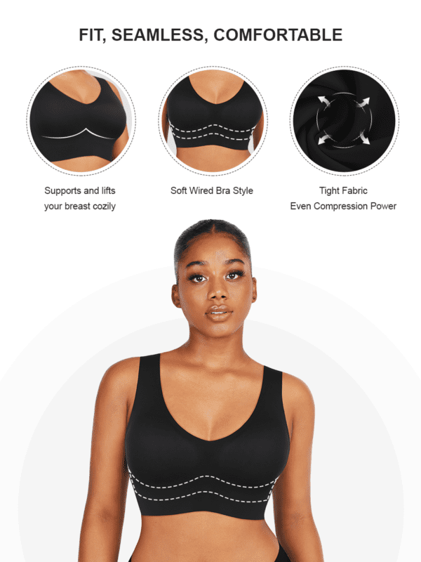 A woman wearing a black bra with instructions.