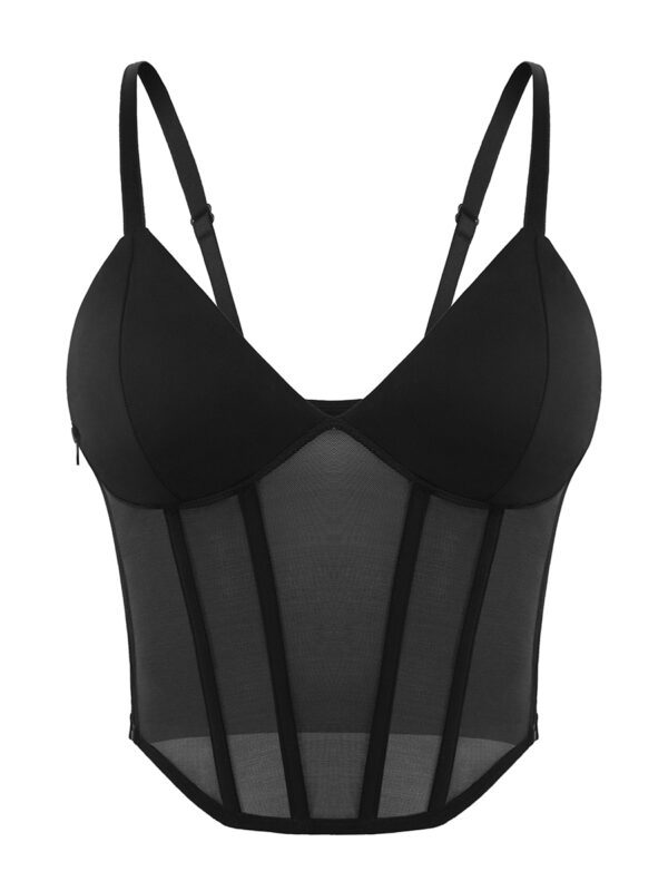 A black bra top with straps and mesh