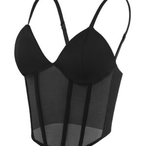A black bra with straps and a corset style top.