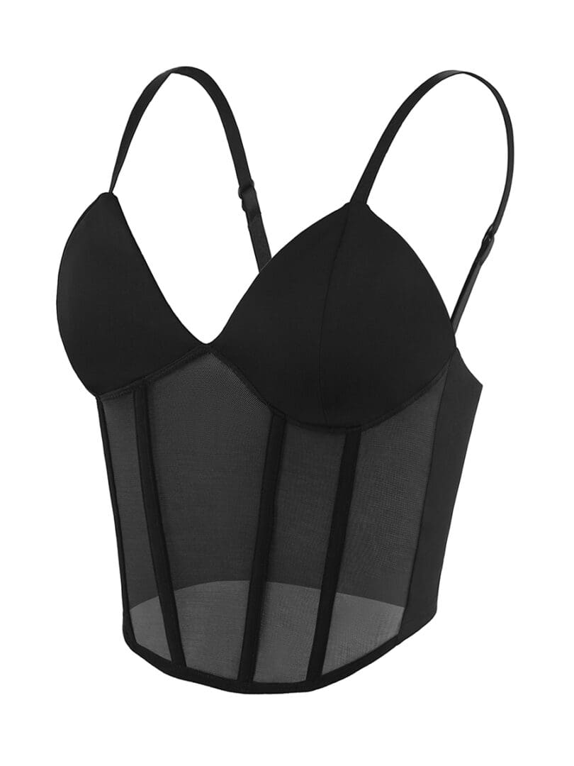 A black bra with straps and a corset style top.