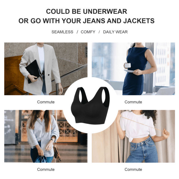 A collage of different types of bras and jackets.