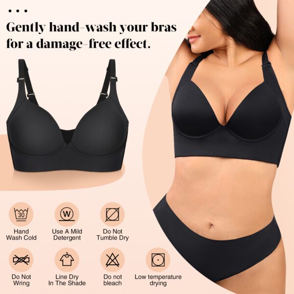 A woman in black bra and panties with instructions.