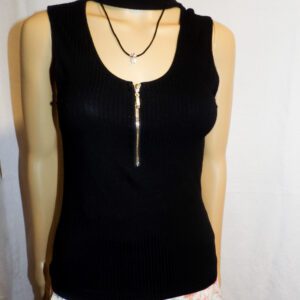 A black tank top with a necklace hanging from it.