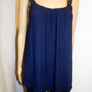 A blue dress is shown with straps hanging down.