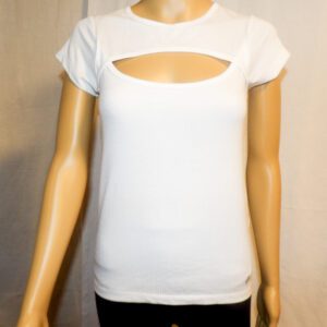 A woman wearing white shirt and black pants.