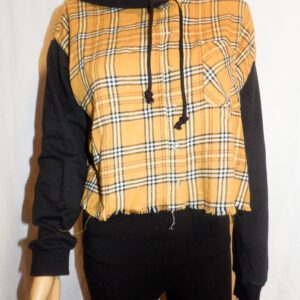 A yellow and black plaid hoodie with a black hood.