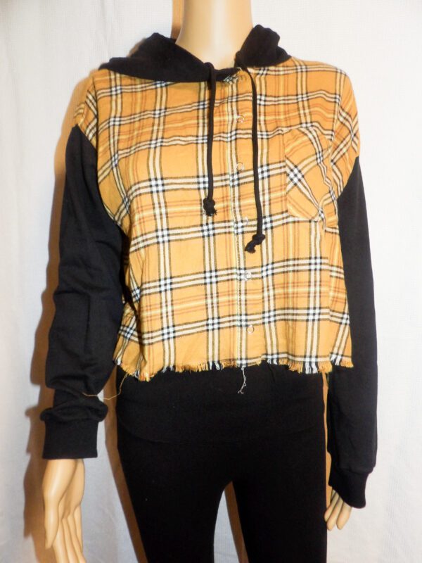 A yellow and black plaid hoodie with a black hood.