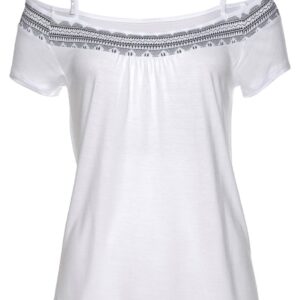 A white shirt with black and gray trim on the shoulders.