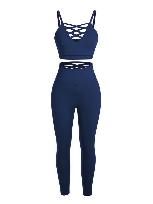 A blue two piece outfit with a matching top and leggings.