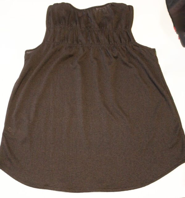 A brown top is shown with no sleeves.