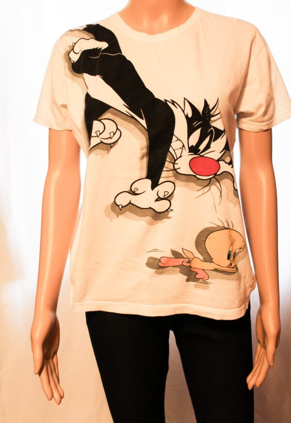 A person wearing a t-shirt with cartoons on it