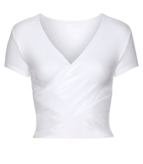 A white shirt with a cross over front.