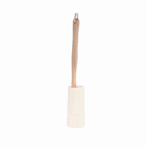 A white toilet brush with wooden handle.