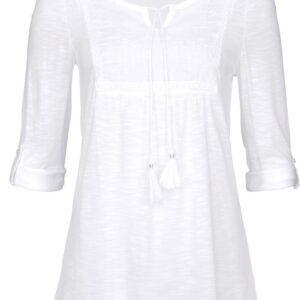 A white dress with long sleeves and a tassle.