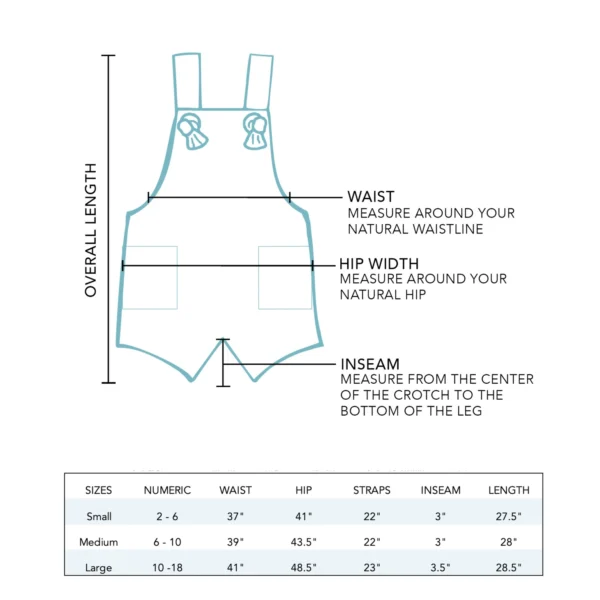 A diagram of the size and length of a baby overalls.