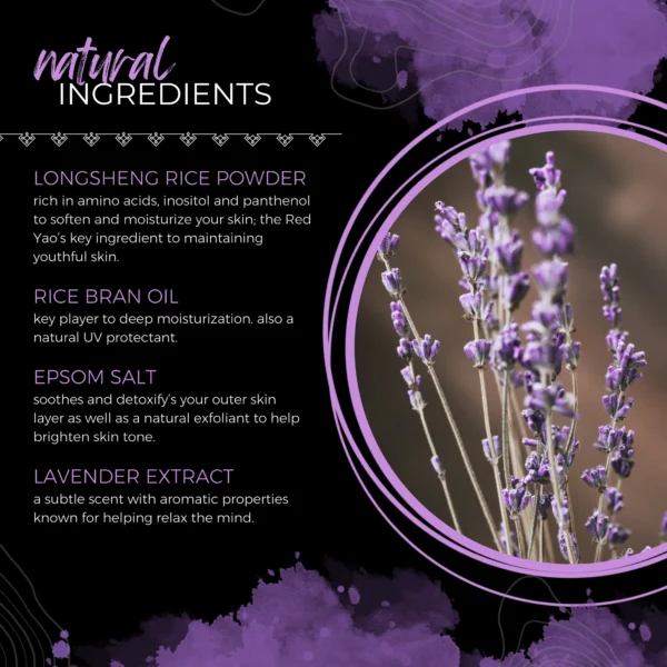 A purple and black brochure with lavender ingredients.