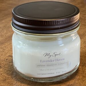 Lavender Haven soy candle with lavender, eucalyptus and cedarwood in glass jar