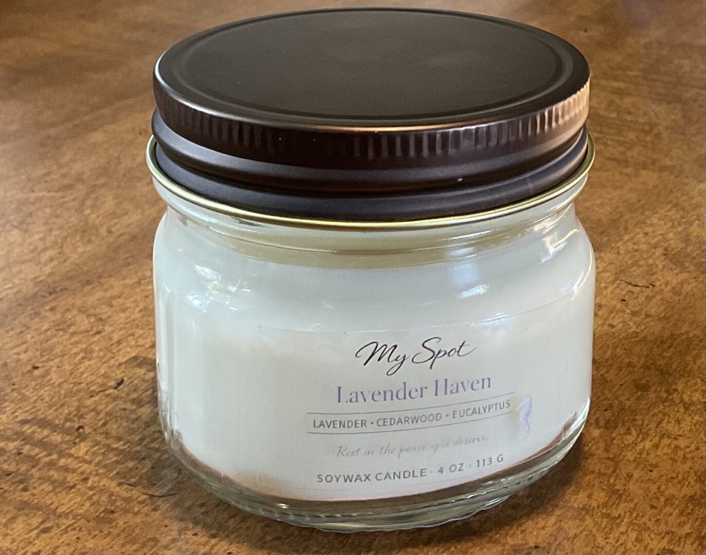 Lavender Haven soy candle with lavender, eucalyptus and cedarwood in glass jar