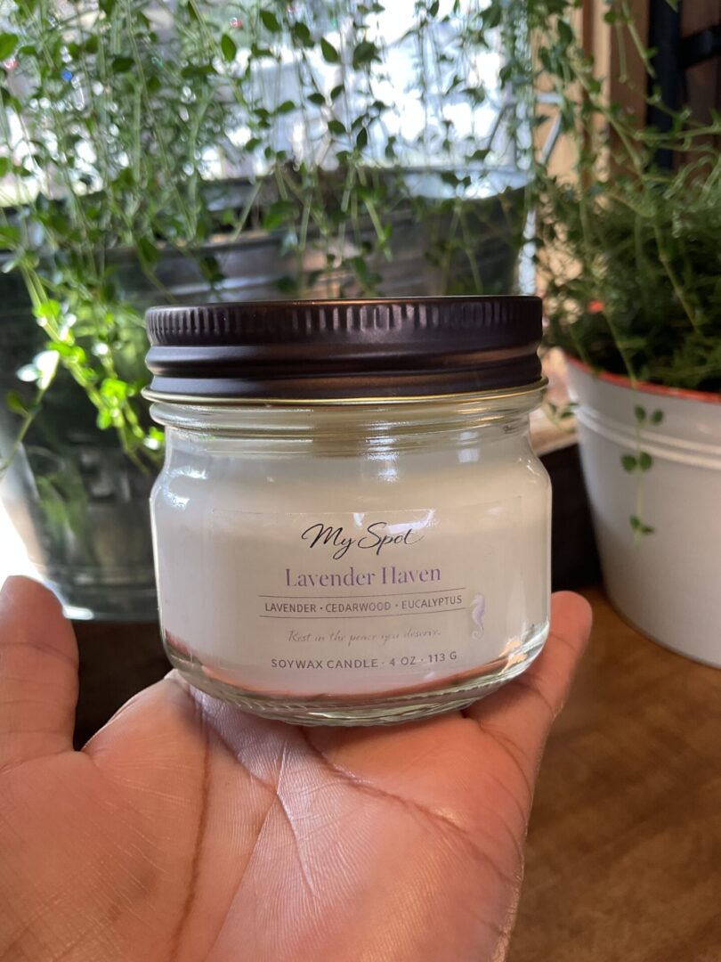 lavender Haven candle with lavender eucalyptus scent in natural setting with plants
