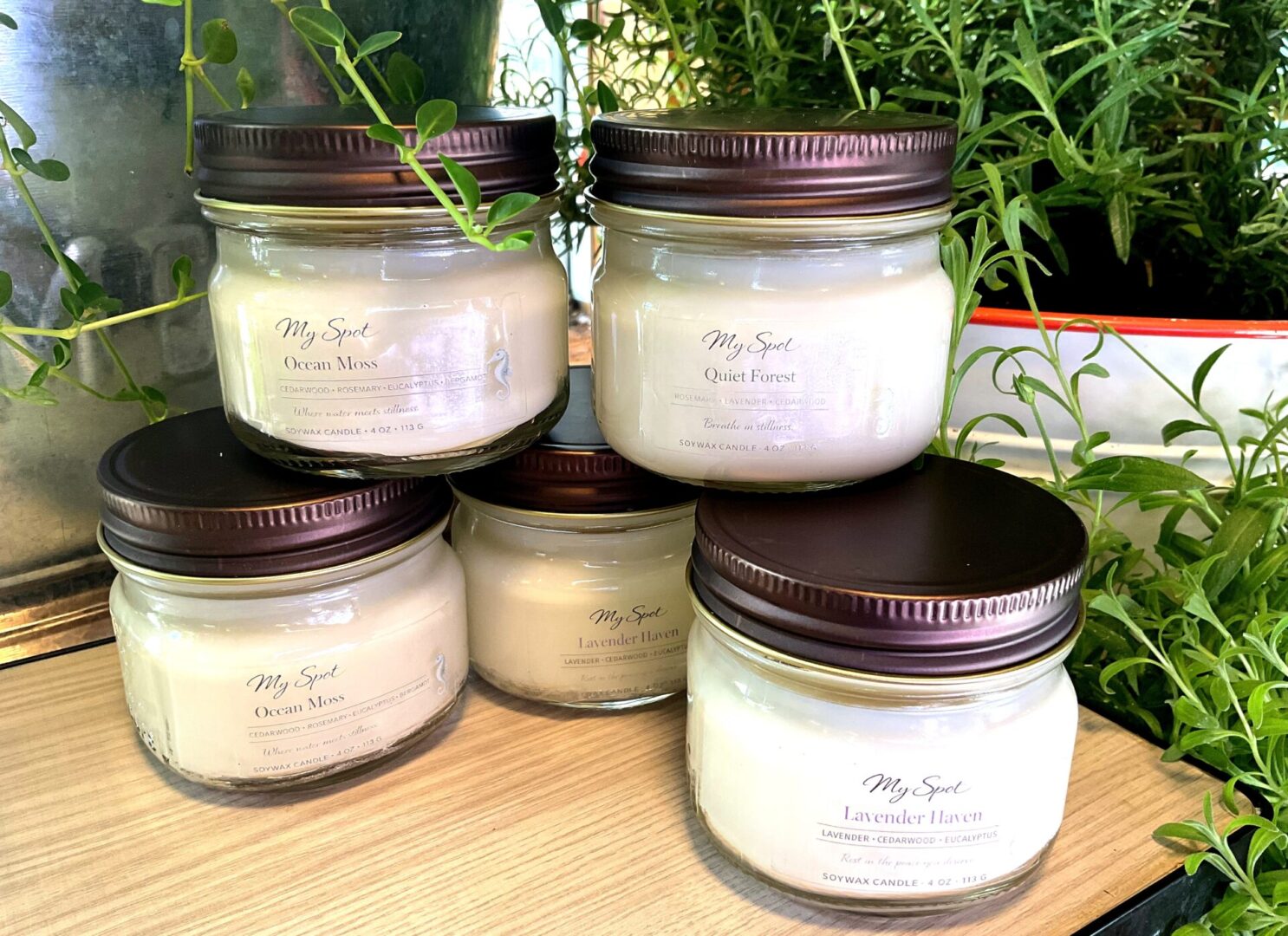 My Spot handmade soy candle collection with lavender eucalyptus cedarwood scents
